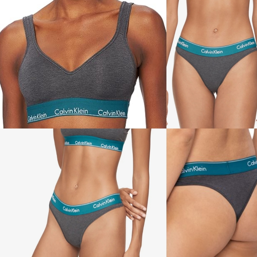 Calvin Klein CK lift modern Bralette and thong set. Gray charcoal /Teal